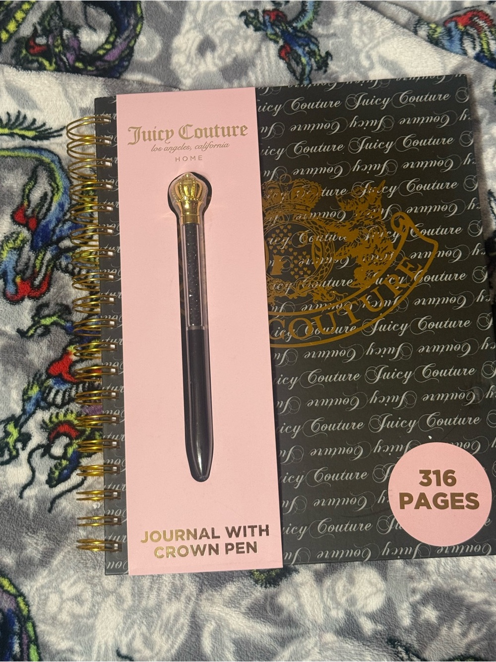 Juicy Couture Black & Gold Spiral Journal with Crown-Topped Pen
